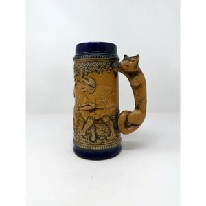 Vintage German Beer Stein Fox Handle Boar Hunting Scene Relief Mug No Lid